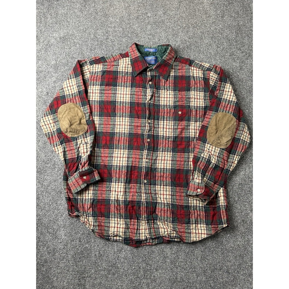 Mens Wool Pendleton Plaid Elbow Patch Flannel Shirt USA, Size XL